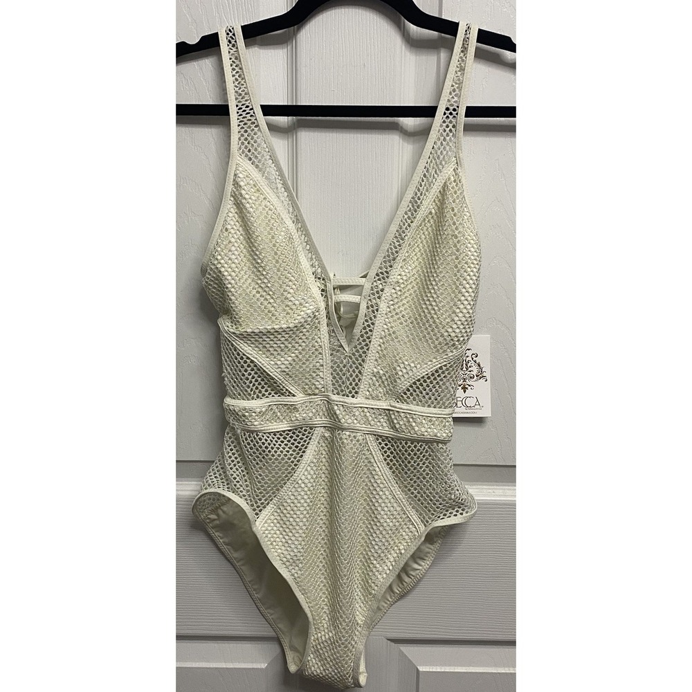 Becca Rebecca Virtue Bathing Suit Crochet One Piece Ivory Swimsuit W/Sparkle M